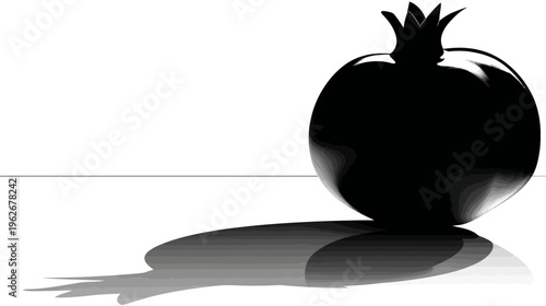 Silhouetted fruit, with layered shading, casts a shadow on a reflective surface against a white backdrop