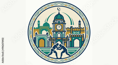 Pakistani Cityscape with Wrestling Match