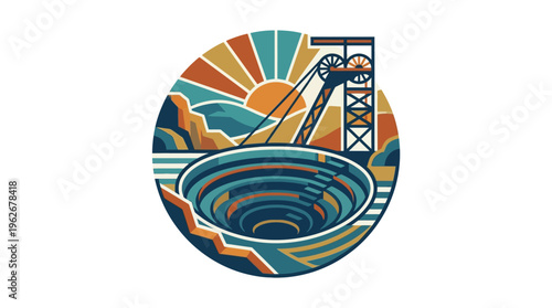 Retro Mining Scene with Sun Hills and Structure