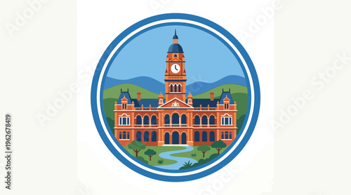 Stylized Image of a Historic Courthouse in a Blue Circle