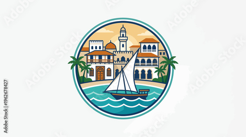Coastal Scene with Scenic Buildings and Sailing Boat
