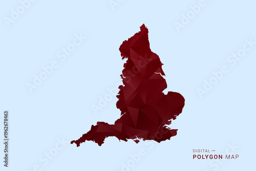 England Map - Low poly polygon map in deep red gradient on light blue background, modern minimal geometric design, vector illustration with faceted triangulated style.