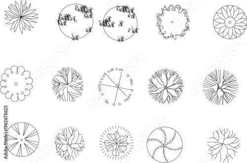 Technical architectural plan view symbols showing various trees, shrubs and plants with different canopy patterns for landscape design.