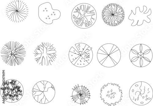 Technical architectural plan view symbols showing various trees, shrubs and plants with different canopy patterns for landscape design.