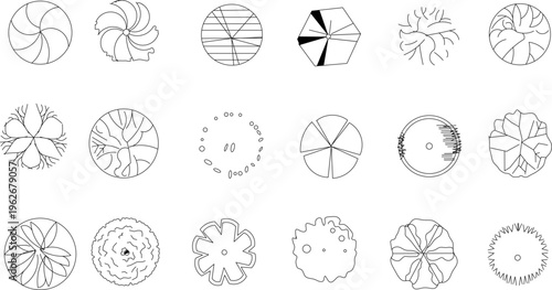 Technical architectural plan view symbols showing various trees, shrubs and plants with different canopy patterns for landscape design.