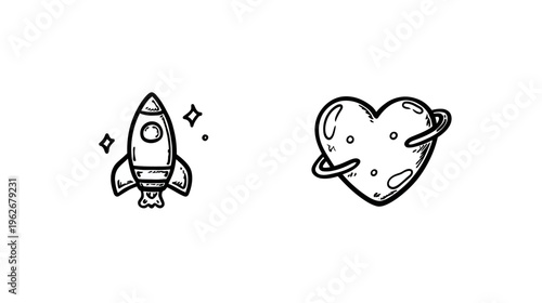 A black and white illustration of a rocket ship and a heart-shaped planet with rings