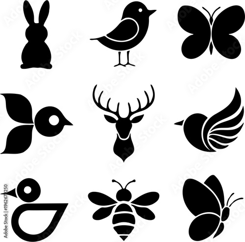 vector illustration Spring animals silhouette icon set, bunny, birds, butterflies, deer, duck, bee, isolated on white
