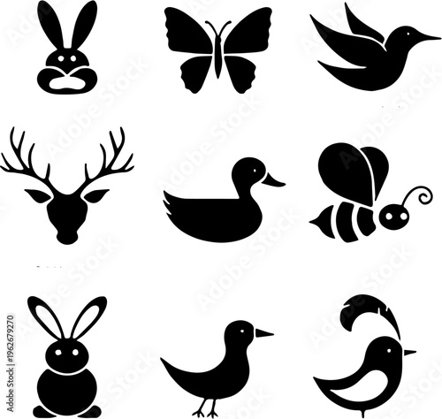 vector illustration Spring animals silhouette icon set, bunny, birds, butterflies, deer, duck, bee, isolated on white