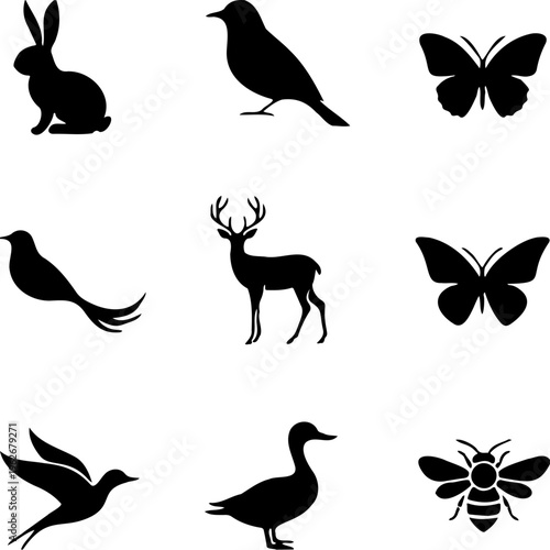 vector illustration Spring animals silhouette icon set, bunny, birds, butterflies, deer, duck, bee, isolated on white