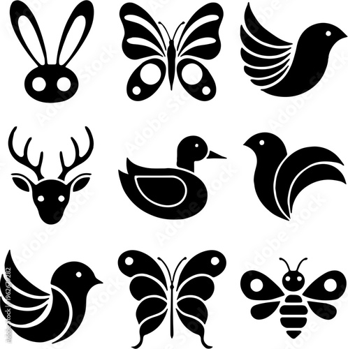vector illustration Spring animals silhouette icon set, bunny, birds, butterflies, deer, duck, bee, isolated on white