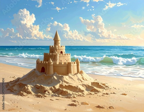 Sandcastle: A solitary structure standing on a deserted beach on a summer day, against a backdrop of blue sky.