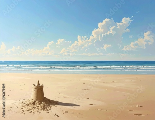 Sandcastle: A solitary structure standing on a deserted beach on a summer day, against a backdrop of blue sky.