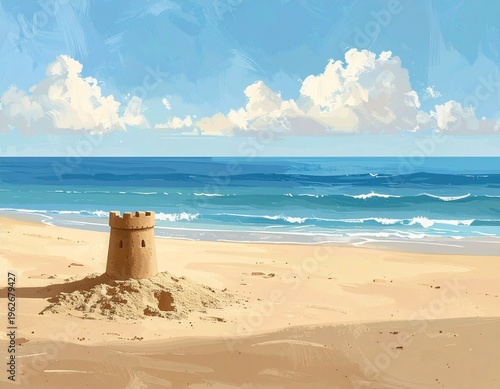 Sandcastle: A solitary structure standing on a deserted beach on a summer day, against a backdrop of blue sky.