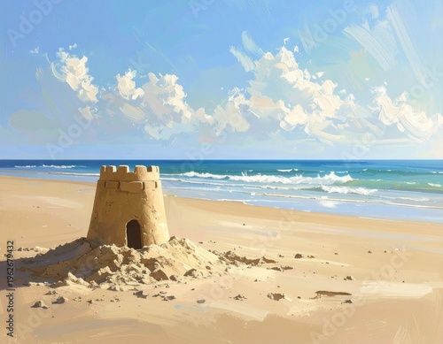 Sandcastle: A solitary structure standing on a deserted beach on a summer day, against a backdrop of blue sky.