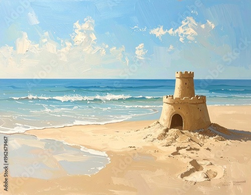 Sandcastle: A solitary structure standing on a deserted beach on a summer day, against a backdrop of blue sky.