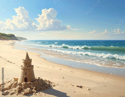 Sandcastle: A solitary structure standing on a deserted beach on a summer day, against a backdrop of blue sky.