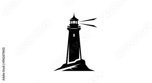 Black silhouette of a lighthouse on a rocky outcrop, emitting light beams.
