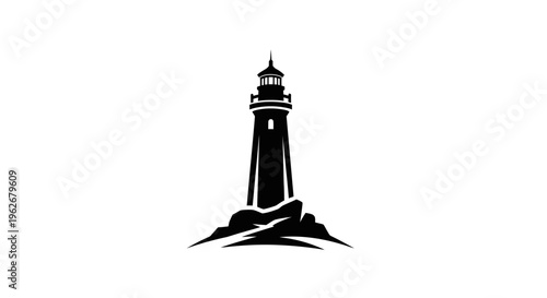 Black silhouette of a lighthouse on a rocky shore against a white background.