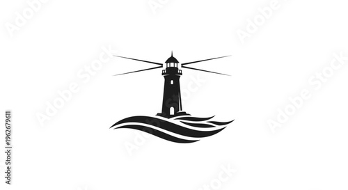 Lighthouse silhouette with wavy sea and light beams