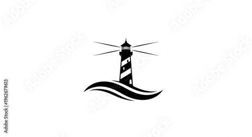 Lighthouse silhouette on waves, guiding light icon, navigation symbol, maritime theme