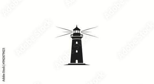 Black lighthouse silhouette with light beams on white background, vector illustration