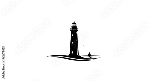 Silhouette of a lighthouse guiding a sailboat on the sea at dawn, vector art