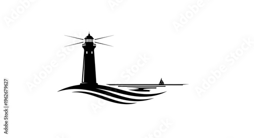Lighthouse silhouette on waves with a sailboat in the distance, black and white