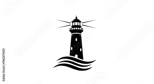 Black lighthouse silhouette on white background with waves
