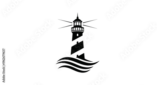 Black and white lighthouse silhouette on waves, navigation symbol