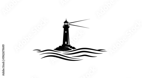 Silhouette of a lighthouse on a rocky island with waves, beacon light