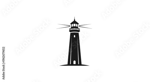 Black lighthouse silhouette emitting light beams against a white background