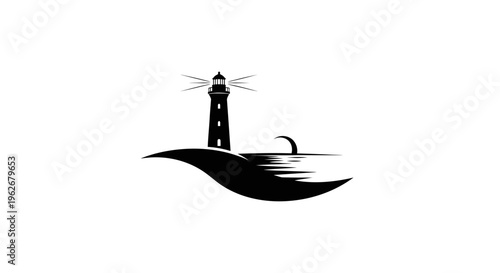 Silhouette of a lighthouse on a wave against a white background