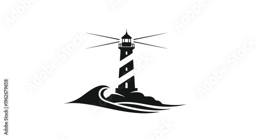 Lighthouse on Rocky Shore with Waves - Nautical Silhouette Icon