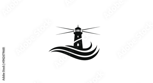 Lighthouse silhouette on waves, navigation beacon, maritime symbol, clean design