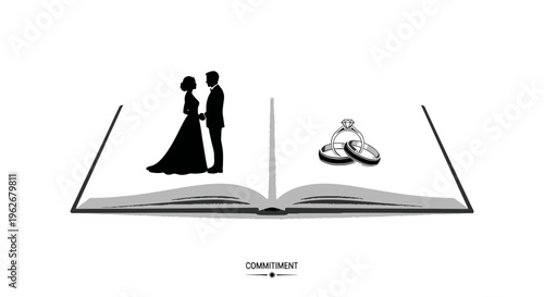 Open Book Silhouette Couple Rings, Wedding Story, Commitment Concept