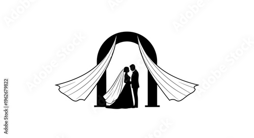 Silhouette of a bride and groom under a wedding arch with flowing veils