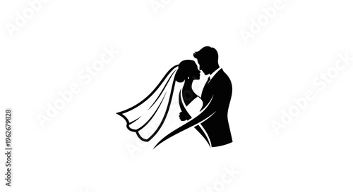 Bride and Groom Silhouette Embracing, Wedding Couple Vector Icon