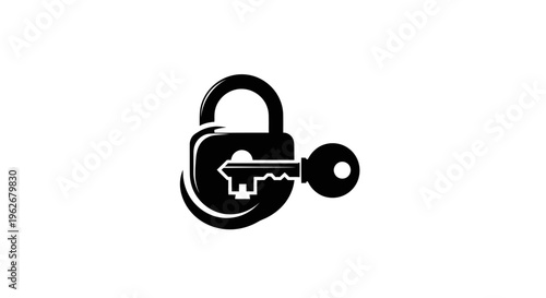 Black padlock and key icon on white background, security and access symbol