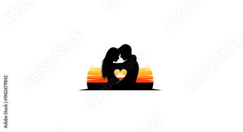 Couple's Silhouette Embracing with Heart Shape at Sunset