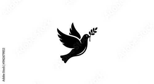 Dove silhouette with olive branch, symbol of peace and hope, isolated on white background