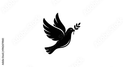 Black silhouette of a dove holding an olive branch, symbol of peace, isolated on white.