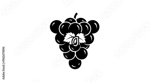 Stylized Black Icon of Grapes with Leaf on White Background