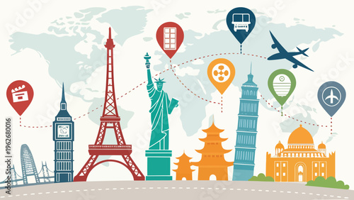 A colorful vector graphic illustration of famous landmarks and travel icons