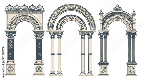 An illustration of ornate arches with columns and intricate designs
