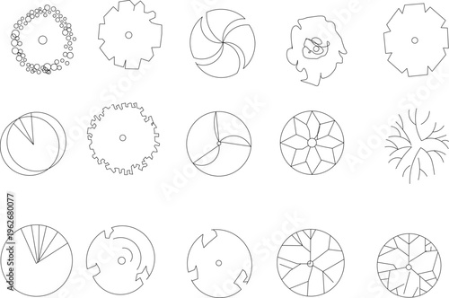 Technical architectural plan view symbols showing various tree types, shrubs and plant species in different canopy patterns for landscape design.