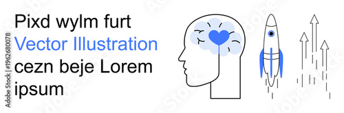 Innovation, creativity, emotional intelligence, brain science, personal growth, self-awareness. A brain with a heart next to a rocket launching upwards. Innovation and creativity concepts
