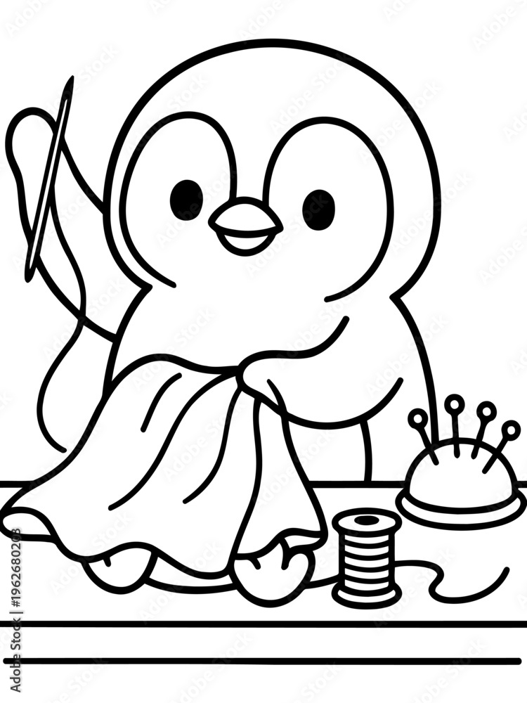 Obraz premium Artistic Penguin: A cute penguin skillfully engaged in sewing, using needle and thread to create something special, demonstrating creativity and craftsmanship.
