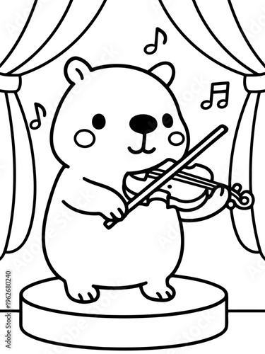 Musical Bear: A charming, outlined illustration of a bear artist playing the violin on a stage.