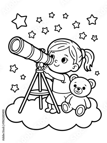 Little Explorer and Celestial Discovery: An imaginative illustration showcases a young girl gazing through a telescope toward the stars. Accompanied by her teddy bear.