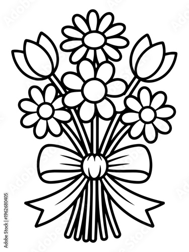 Floral Serenade: A delicate black and white illustration of a beautiful flower bouquet, tied with a graceful bow, ready to deliver a symphony of beauty.